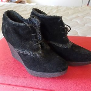Black Suede Shearling Lace Up Wedges
